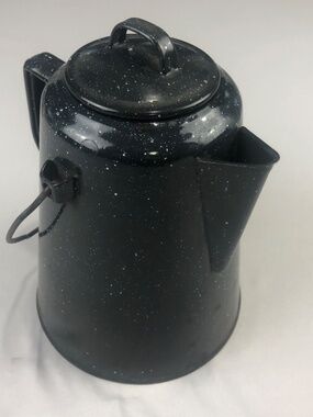 Vintage 9" Cowboy Coffee Pot/Camp Kettle, Blue Enamelware with White Specks